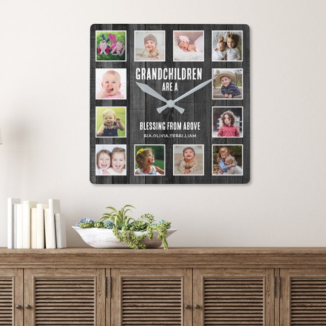 Horloge Carrée Noir Bois 12 Photo Collage Grandchildren Citation (Grandparents gift - grandchildren picture frame clock)