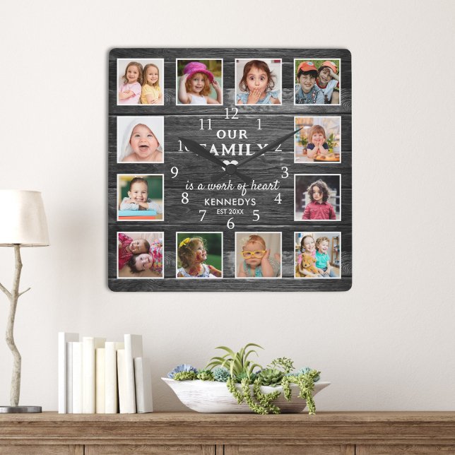 Horloge Carrée Noir Bois Nom de famille Citation Ferme 12 Photo (Black Wood Family Name Quote Farmhouse 12 Photo Square Wall Clock)