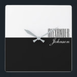 Horloge Carrée Noir et blanc Nom moderne Monogramme<br><div class="desc">Minimal,  typographie,  horloge murale moderne noir et blanc,  avec nom sophistiqué au coin.</div>