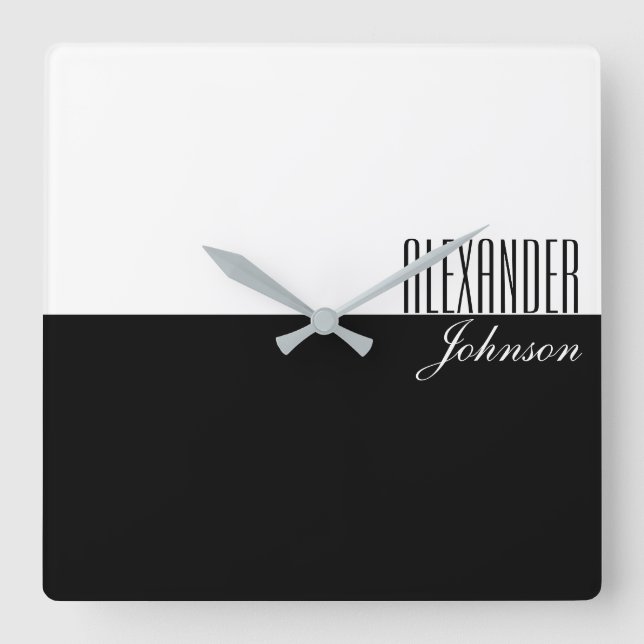 Horloge Carrée Noir et blanc Nom moderne Monogramme (Recto)