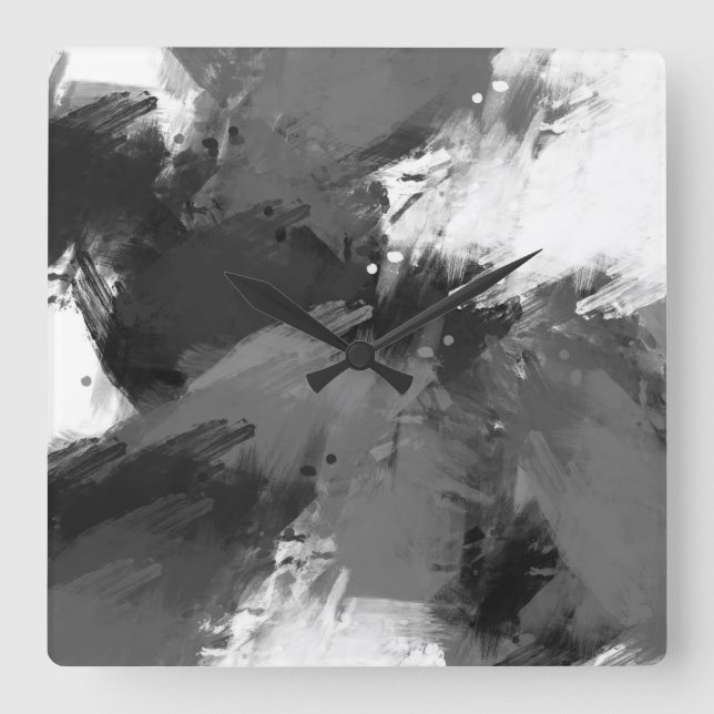 Horloge Carrée Noir Gris Blanc Abstrait Brosse moderne  (Recto)