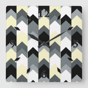 Horloge Carrée Noir, gris, chevron jaune 