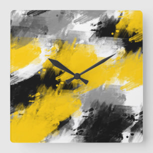 Horloge Carrée Noir Jaune Blanc Moderne Abstrait Brosses