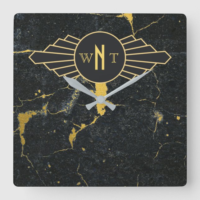 Horloge Carrée Noir Marbre trois lettres Monogramme Art Déco (Recto)