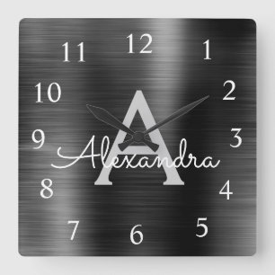 Horloge Carrée Noir Moderne Élégant Monogramme métallique Nom