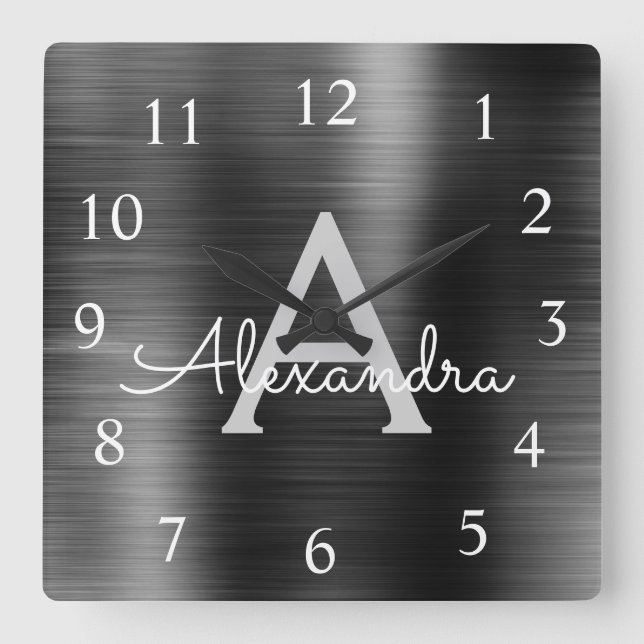 Horloge Carrée Noir Moderne Élégant Monogramme métallique Nom (Recto)