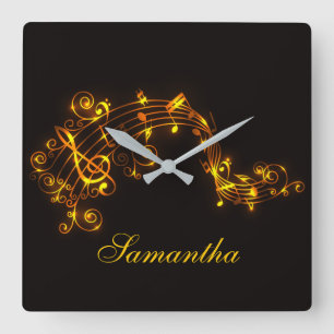 Horloge Carrée Noir personnalisable et notes musicales de