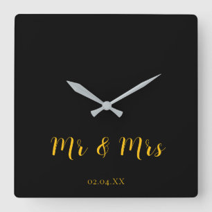 Horloge Carrée Noir personnalisé avec Jaune Mr & Mrs.