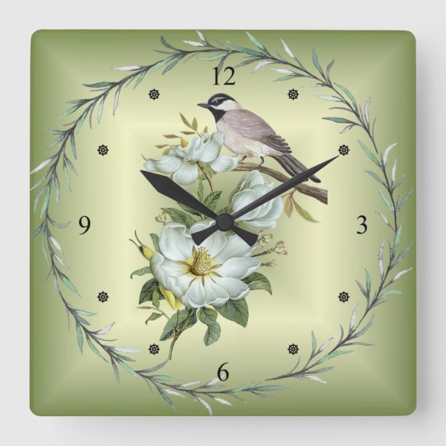 Horloge Carrée Noir - Pickadee cerné ~ Fleur Magnolia blanche ~ (Recto)