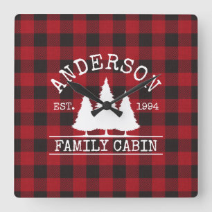 Horloge Carrée Nom de famille du cabine Red Buffalo Plaid