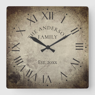 Horloge Carrée Nom de famille élégant vintage chiffre romain rust