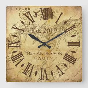 Horloge Carrée Nom de famille élégant vintage chiffre romain rust