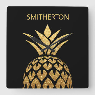 Horloge Carrée Nom de famille noir Stylé Or Ananas 