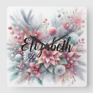 Horloge Carrée Nom du monogramme Aquarelle florale de Noël