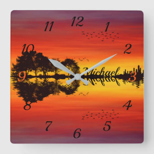 Horloge Carrée Nom guitariste orange moderne Aquarelle