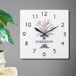 Horloge Carrée nom Monogram Rainbow Tree Square Wall Clock<br><div class="desc">Cette horloge murale élégante est décorée d'un arbre en mosaïque coloré. Facilement personnalisable avec votre nom ou monogramme. Parce que nous créons notre propre oeuvre,  vous ne trouverez pas cette image exacte d'autres designers. Mosaïque originale © Michele Davies.</div>