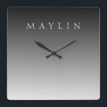 Horloge Carrée Nom ou mot classique | Gris dégradé<br><div class="desc">Lettres élégantes personnalisables pour un nom,  un nom de famille ou tout autre texte.</div>