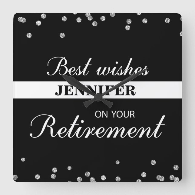 Horloge Carrée Nom personnalisé, Félicitations à la retraite Noir (Recto)