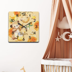 Horloge Carrée Nom personnalisé Miel Ours Abeilles