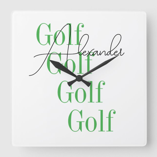 Horloge Carrée Nom personnalisé Minimal Golf Typographie (Recto)