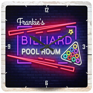 Horloge Carrée NOM personnalisé Neon Style Billiards Table de bil