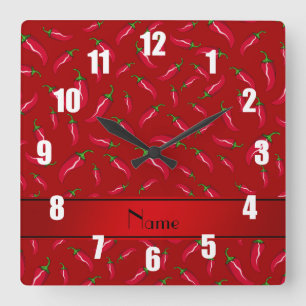 Horloge Carrée Nom personnalisé piment rouge