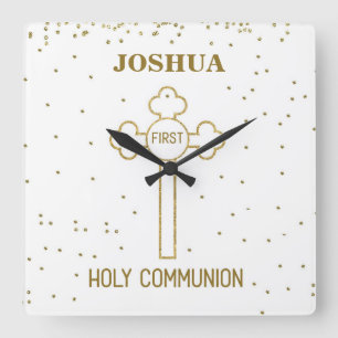 Horloge Carrée Nom personnalisé Première Sainte Communion Croix d