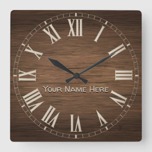Horloge Carrée Nom personnalisé Rustique Brown Wood