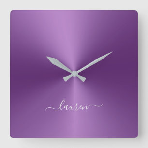 Horloge Carrée Nom personnalisé Style métallique violet acrylique