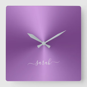 Horloge Carrée Nom Personnalisé Style Métallurgique Violet Acryli
