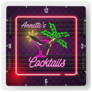 Horloge Carrée Nom personnalisé Tropical Neon Style Cocktail Bar