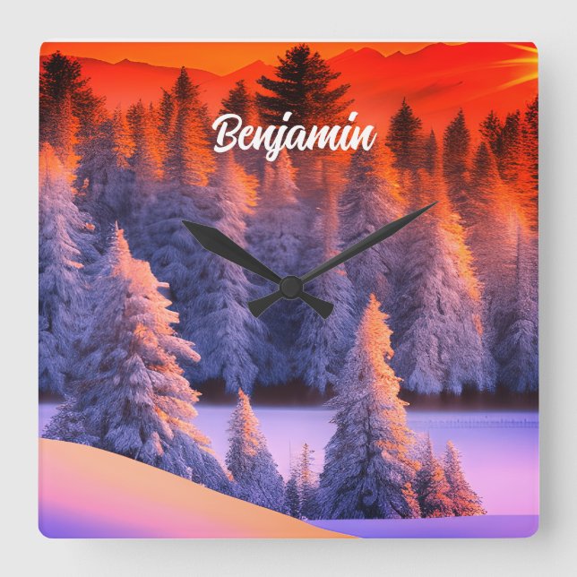 Horloge Carrée Nom personnalisé Winter Forest Sunrise Thème (Recto)