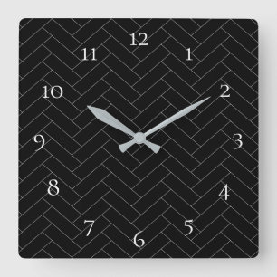Horloge Carrée Nombre Black Grey Herringbone Motif