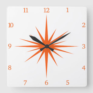 Horloge Carrée Nombre de starburst atomique orange au milieu du s