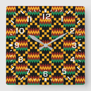 Horloge Carrée Nombres blancs / Tissu Kente d'Afrique