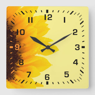 Horloge Carrée Nombres de carré noir / Tournesol jaune brun doux