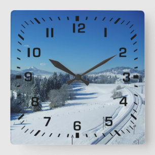 Horloge Carrée Nombres de carré noir / Voies ferrées enneigées en