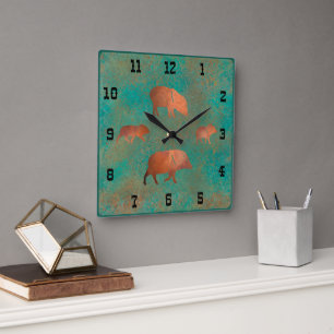 Horloge Carrée Nombres de famille Javelina Teal de l'Ouest Sud-Ou