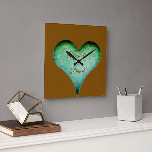 Horloge Carrée Noms de couples aspect bois sculpté rustique (Bureau)