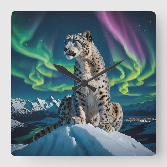 Horloge Carrée “Northern Sky Wanderer” – Snow Leopard Portrait (Recto)