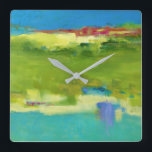 Horloge Carrée Notes de champ - Art vert Abstrait<br><div class="desc">Notes de Janet Bothne sur le terrain. Dispose d'une conception moderne et abstraite utilisant principalement des couleurs vertes.| 141462FN</div>