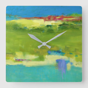 Horloge Carrée Notes de champ - Art vert Abstrait