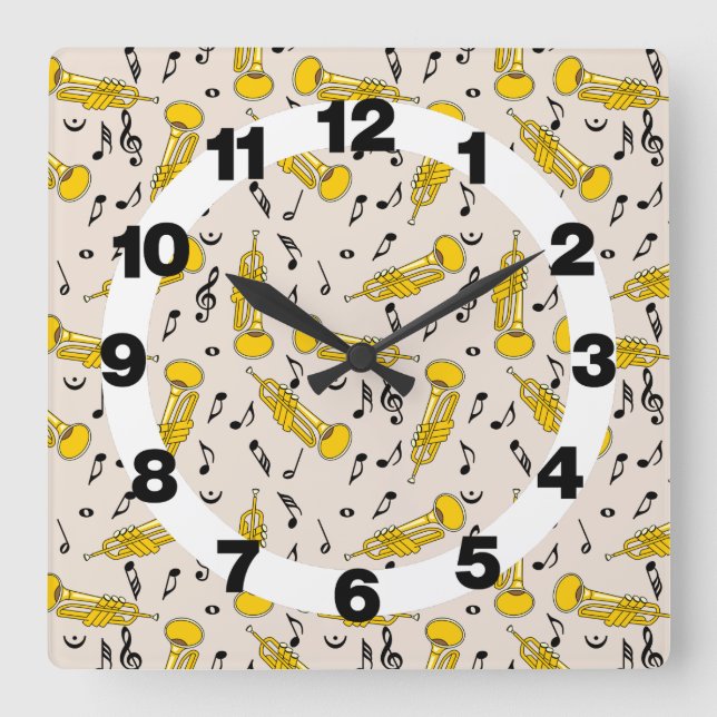 Horloge Carrée Notes de musique de trompette Modèle (Recto)