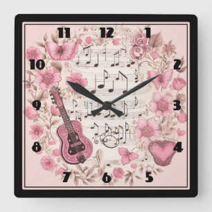 Horloge Carrée Notes de musique et Fleurs style rétro