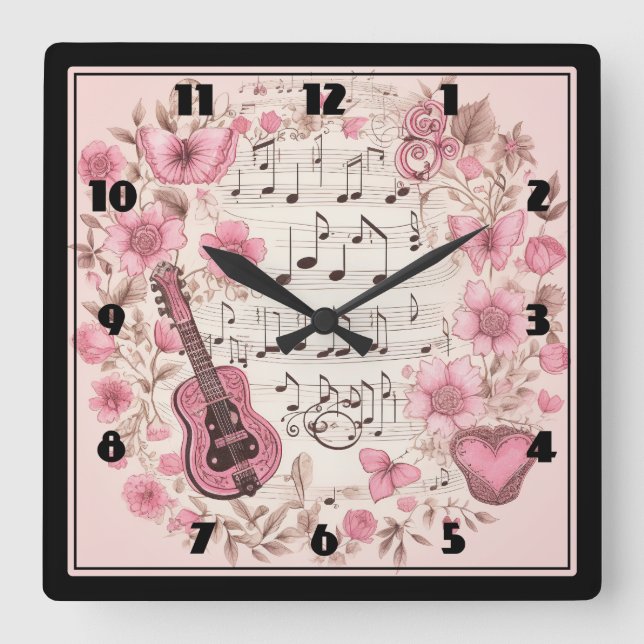 Horloge Carrée Notes de musique et Fleurs style rétro (Recto)