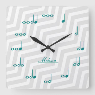 Horloge Carrée Notes musicales personnelles - teal blue and grey