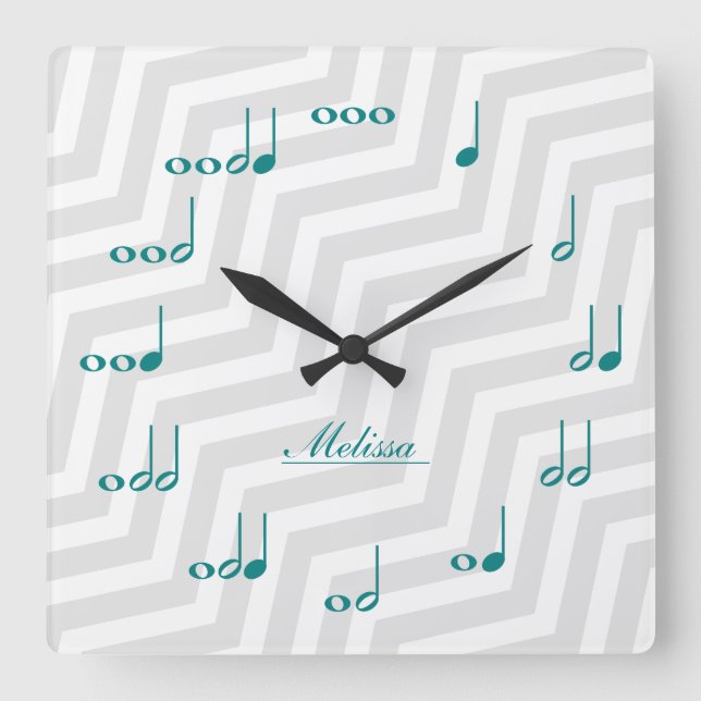 Horloge Carrée Notes musicales personnelles - teal blue and grey (Recto)