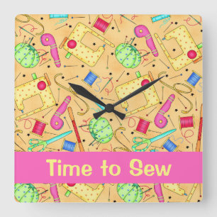 Horloge Carrée Notions de couture jaune Art Time to Sew Nom perso