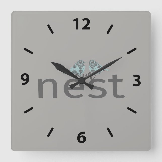 Horloge Carrée Notre Typographie Gris Nid Avec Deux Oiseaux (Recto)
