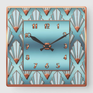 Horloge Carrée Nouveau Art Déco bleu et cuivre